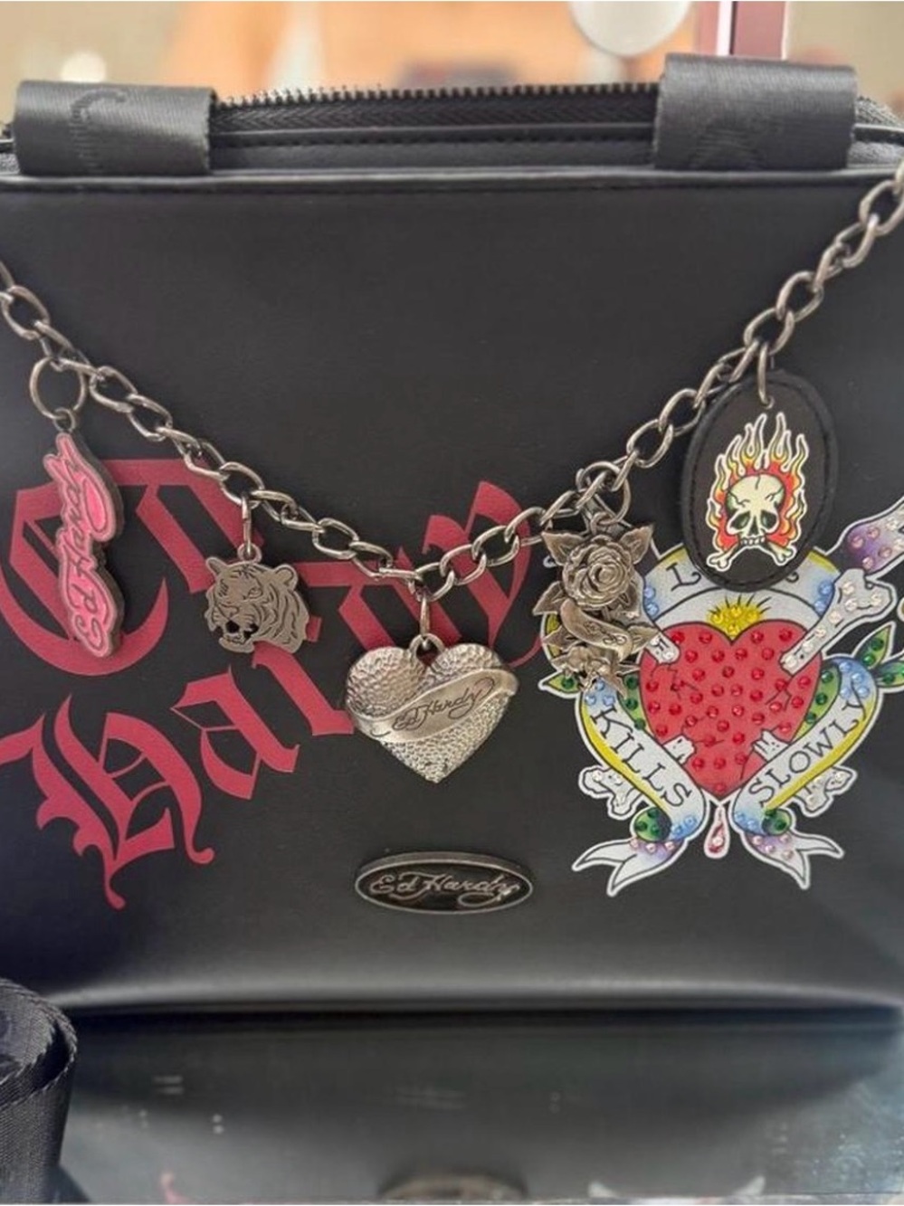 Ed Hardy Black Tote with Red Tattoo Heart Graphic and Silver Charm Chain